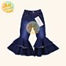 Baby Girls Denim Pants Double Ruffles Bell Bottoms Bleach Trousers Kids Flared Pants