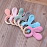 Baby Teether Bunny Ear Crochet Wooden Ring Safe Organic Wood Teething Rattle Toy Pacifier Clip Holder Wood Ring