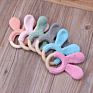 Baby Teether Bunny Ear Crochet Wooden Ring Safe Organic Wood Teething Rattle Toy Pacifier Clip Holder Wood Ring