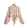 Beautiful Floral Print Deep V Neck Wrap Tops Women Bohemian Long Sleeve Rayon Blouse