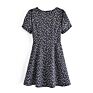 Black Color V Neck Short Sleeve Little Floral Print Women Cute Mini Dress