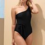 Black Solid Tie Side One Shoulder One Piece Swimsuit Bathing Suits Women Sports One Piece Swimwear Monokini