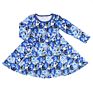 Boutique Kid Clothes Cotton Blue Floral Print All over O-Neck Long Sleeves Tunic Design Baby Girl Casual Dress