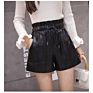 Designed High Waisted Wide Leg Black Faux Leather Shorts for Women