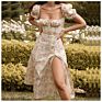 Dress Women Short Puff Sleeve Flroal Printed Ruched Party High Split Long Maxi Dresses Drawstring Vestidos Sundress
