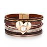 Five Colors Bohemian Multi Layer Rhinestone Pearl Leather Wrap Bracelet Handmade Braided Pu Wide Love Heart Magnetic Bracelet