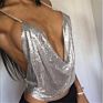 High Street Metal Sequin Halter Neck Backless Crop Tops Women