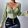 Hollowed-Out Female Street Wear Long Sleeve Drawstring Front Fits Lady Blouse Womens Tops