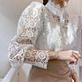 Korean Style Women's White Shirt Vintage Hollow Out Women's Top Casual Sweet Style Lace Long Sleeve Stand Collar Shirt