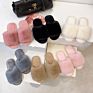 Large Size Fluffy Slippers Female Autumn and Indoor Flat Big Rabbit Fur Cotton Slippers