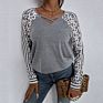 Latest Design Patchwork Stripe Leopard Color Block Woman Long Sleeve Tunic V Neck Knit T Shirt Cotton Blouse Tops Fall Clothing