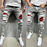 Lw-1007 Casual Style Checked Fabric Ripped Denim Pants Slim Fit Jeans for Men