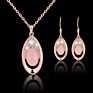 Natural Pink Ross Quartz Cz Crystal Gold Plated Necklace Earring Bridal Wedding Jewelry Set for Women