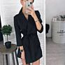 Office Ladies Casual Sashes Mini Dress V-Neck Long Sleeve Robe Striped A-Line Dress Autumn