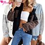 Oversize Leopard Print Contrast Long Blue Women Denim Jeans Jacket for Ladies