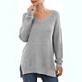 Pattern Sweater Side Split Design Long-Sleeved V-Neck Pullover Ladies Sweater