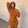 Ribbed Autumn Orange Sweater Dress Color Block Bodycon Turtleneck Knitted Dress for Women