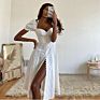 Rs1503 Elegant French Style Blank Dress Boho Puff Sleeve Square Neck Slit Women Dresses Slim A-Line Vestido