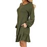 Ruffle Hem Pocketed Solid-Colored round Neck Long Sleeve Midi Dress