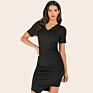 Short Sleeve Women Lady Solid V Neck Casual Asymmetric Midi Dress Sweater Dress