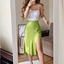 Solid Satin Elastic Waist Women Side Slit Midi Skirt Button Decoration Slim A-Line Skirts