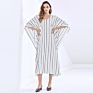 Twotwinstyle V Neck Batwing Short Sleeve Loose Oversized Striped Dress for Women