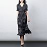 V-Neck Dot Print Corrugated A-Line Slim Waist Short-Sleeved Chiffon Woman Slit Long Dress