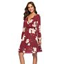 V-Neck Long Sleeve Floral Print Women Mini Dress High Waist Party Dress for Women Lady Elegant Flower Casual Dress