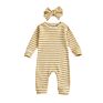 Waffle Stripe Long Sleeve Jumpsuits Infant Baby Unisex Boys Girls Rompers Headbands Set