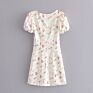 White Color Floral Print Women Short Sleeve Sweet Design Casual Cute Slim Fit Mini Dress