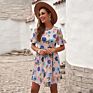 Woman Dress Printed Floral Mini Dresses Ruffled Short Sleeve Crew Neck Dresses Women Elegant