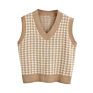 Women Fall Sweater Casual Oversized Pullover V Neck Sleeveless Vest Tops for Female in Houndstooth Partterns