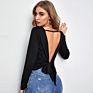 Women O Neck Long Sleeved Hollow Backless Lace up Top T Shirt Black Breathable Shirt Blouse