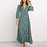 Women V Neck Long Shirt Dress Autumn Floral Print Three Quarter Sleeve Split Dress Casual Button Boho Maxi Dresses