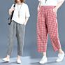 Women's and Art Large Size Elastic Waist Loose Wild Lattice Nine-Point Harem Casual Trousers