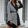Womens Belted Spliced Long Double Breasted Black White Plaid Blazer