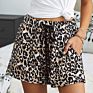 Womens Shorts Leopard Pants Casual High Waisted Drawstring Pocketed Short Shorts