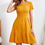 Womens Solid Color Knit Ribbed O Neck A-Line Short Sleeve Twirl Elegant Casual Midi Dresses