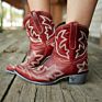 Women's Vintage Wide Calf Cowboy Boots Leather Side Zip Ankle Boots Ladies Floral Embroidery Chunky Block Heel Western Boots