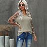 Zacavia Autumn Leopard Print Stitching Long Sleeve Basic Sweatshirt Women's Casual V-Neck Pullover Top