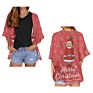 Christmas Blue Bell Cartoon Chiffon Kimono Cardigans Polynesian Tribal Style Casual Loose Open Front Swimwear Shirt Beach Women