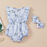 0-24M 2Pcs Baby Girls Princess Rompers Headband Flowers Printed Ruffles Sleeve Backless Jumpsuits