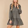 100 Cotton Fitted Twill Solid Color V Neck Dresses Dark Olive Green Long Sleeve Gathered 2 Tier Skirt Dress