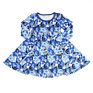 Boutique Kid Clothes Cotton Blue Floral Print All over O-Neck Long Sleeves Tunic Design Baby Girl Casual Dress