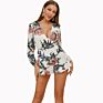 Design Long Sleeve Deep V-Neck Floral Printed Romper for Women