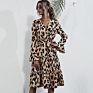 Dr102 Ruffle Hem Belted Long Flounce Sleeve Leopard Print Casual Midi Dresses for Women