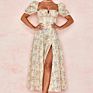 Dress Women Short Puff Sleeve Flroal Printed Ruched Party High Split Long Maxi Dresses Drawstring Vestidos Sundress