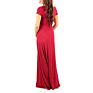 Graceful Maternity Mum Long Flowing Cross-Front Deep V Neck Solid Short-Sleeve Slim Formal Evening Nursing Dress with Waist Belt