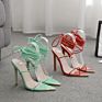 Green and Red Sandals Oullis Lace up Strappy Ankle Strap Square Toe Heels for Ladies