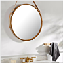 Hanging round Wall Mirror in Bathroom & Bedroom - Solid Bamboo Frame Solid Bamboo Frame Mirror Adjustable Leather Strap